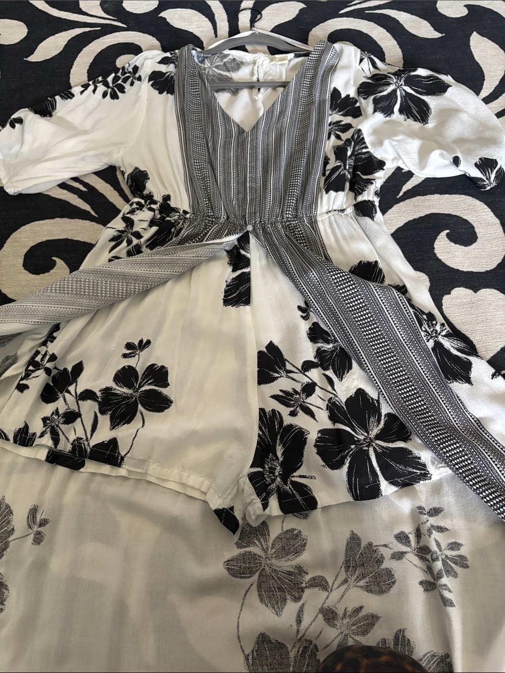Japna White Maxi Dress with Black Floral Print and Gray Trim - Picture 3 of 4